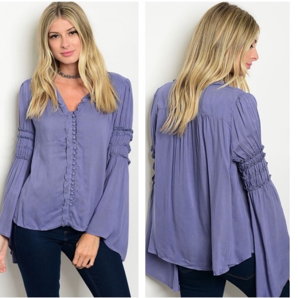 Tops - Slate Blue Button Down Bell Sleeve Top